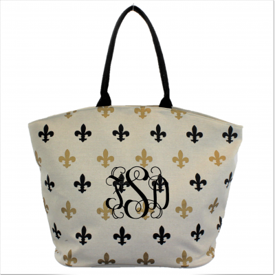 9221- BEIGE GOLD/BLACK  FLEUR DE LI CANVAS TOTE BAG